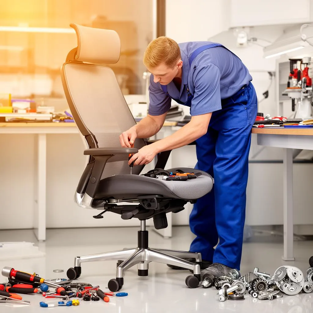 Professional office chair repair technician at work